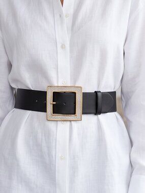 Alexis Kirk Black Rhinestone Big Buckle Belt 2 Belt straps leather /Satin)